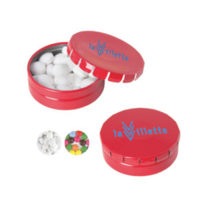Runde Click-Blechdose mit Minites rot
