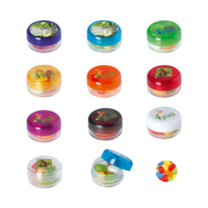 Runde Plastikdose mit Jelly Beans Digitaldruck Farbübersicht