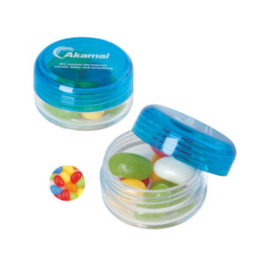 Runde Plastikdose mit Jelly Beans hellblau
