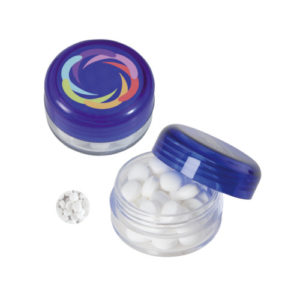 Runde Plastikdose mit Minties Digitaldruck royalblau