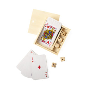 Spiele Set Pelkat Karten und Würfel in Holzkiste